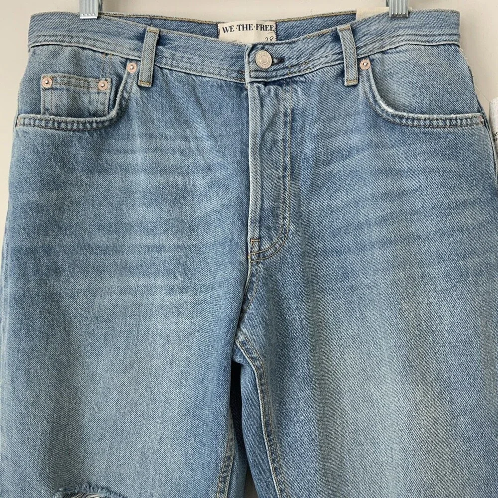 We The Free Maggie Mid Rise Straight Leg Distressed Jeans Blue 28